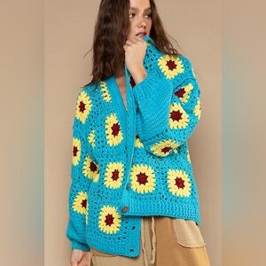 POL Blue and Yellow Crochet Sweater